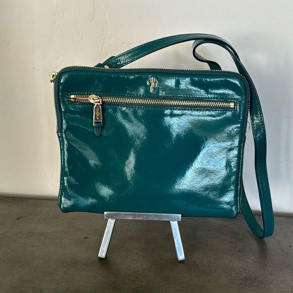 COLE HAAN JITNEY Teal Green Patent Leather Shoulder Purse Top Zip Travel Bag EUC - Picture 10 of 16
